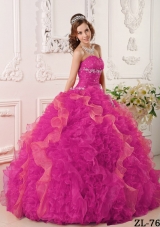 Hot Pink Ball Gown Sweetheart Floor-length Organza Appliques and Beading Quinceanera Dress