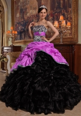 Lilac and Black Sweetheart Organza Quinceanera Gown with Pick-ups and Ruffles