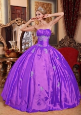 Purple Strapless Taffeta Quinceneara Dresses with Appliques