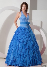 2014 Blue Puffy Halter Ruffles Quinceanera Dress with Bow