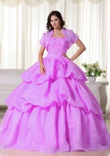 Lilac Ball Gown Strapless Organza Quinceanera Gowns with Hand Made Flowers
