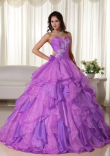 Sweetheart Organza Ruching Quinceanera Gown with White Appliques
