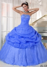 2014 Exclusive Blue Puffy Strapless Appliques Quinceanera Dress with Pick-ups