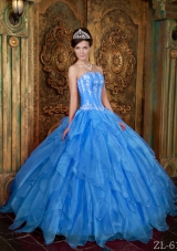 2014 Gorgeous Puffy Strapless in Blue Appliques Quinceanera Dress with Ruffles