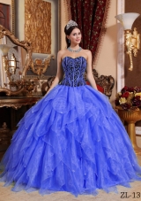 2014 Royal Blue Puffy Sweetheart  Embroidery Quinceanera Dress with Ruffles