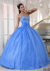 Perfect Baby Blue Sweetheart Puffy Appliques Quinceanera Dress with Beading For 2014