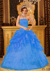 2014 Cute Blue Puffy Strapless Appliques Quinceanera Dress with Beading