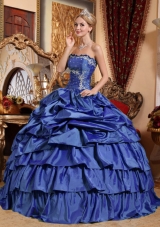 2014 Blue Puffy Strapless Appliques and Pick-ups Quinceanera Dresses with Ruffled ledLayers