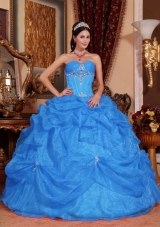2014 Blue Puffy Sweetheart Beading Quinceanera Dress with Appliques and Pick-ups