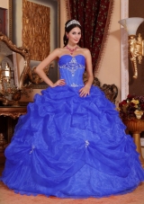 2014 Blue Puffy Sweetheart Beading Quinceanera Dress with Appliques and Pick-ups
