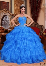 2014 Blue Puffy Sweetheart Beading Quinceanera Dress with Ruffles