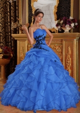 2014 Brand New Blue Puffy Sweetheart Appliques Quinceanera Dress with Ruffles
