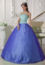 2014 Exclusive Blue Puffy Sweetheart Beading Quinceanera Dress