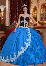 2014 Exquisite Baby Blue Puffy V-neck Appliques Quinceanera Dress with Ruffles