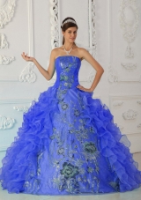2014 Exquisite Puffy Strapless Embroidery Blue Quinceanera Dress with Ruffles