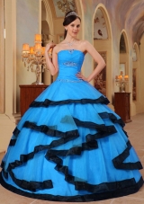 2014 Fashionable Aqua Blue Puffy Strapless Appliques Quinceanera Dress with Beading