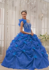 2014 Perfect Blue Puffy One-shoulder Quinceanera Dress with Appliques and Beading