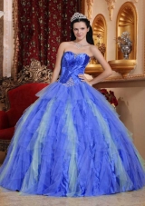 2014 Royal Blue Puffy Sweetheart Beading Quinceanera Dress with Ruffles
