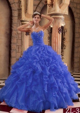 2014 Simple Royal Blue Sweetheart Puffy Ruffles Quinceanera Dress with Beading