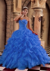 2014 the Super Hot Blue Puffy Sweetheart Ruffles Quinceanera Dress with Beading