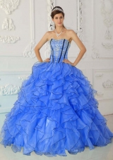 Affordable Blue Puffy Strapless Appliques for 2014 Quinceanera Dress with Ruffles