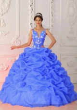 Blue Puffy Straps for 2014 Appliques Quinceanera Dress with Pick-ups and Hand Made Flowers