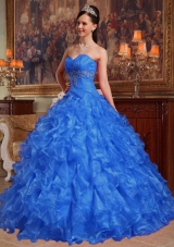 Blue Puffy Sweetheart for 2014 Beading Quinceanera Dress with Ruffles