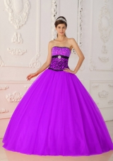 Fuchsia A-line / Princess Strapless Tulle and Zebra Beading Quinceanera Dress
