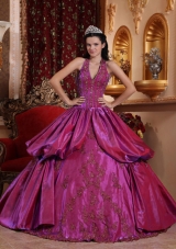 Fuchsia Halter Top Neck Taffeta Appliques Decorate Sweet Sixteen Dresses