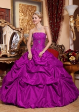 Fuchsia Strapless Taffeta Quinceanera Dress with Beading and Pick-ups