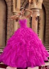 Fuchsia Sweetheart Organza Beaded Decorate Quinceanera Dress with Ruffles
