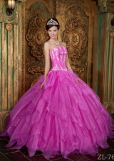 Gorgeous Ball Gown Strapless Floor-length Appliques Organza Hot Pink Quinceanera Dress