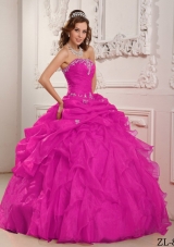 Hot Pink Ball Gown Strapless Floor-length Organza Beading And Ruffles Quinceanera Dress