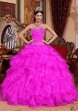 Hot Pink Ball Gown Sweetheart Floor-length Organza Beading Quinceanera Dress