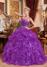 Purple One Shoulder Organza Quinceanera Gowns with Beading and Ruffles