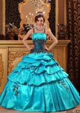 Simple Straps Baby Blue 2014 Quinceanera Dress with Appliques