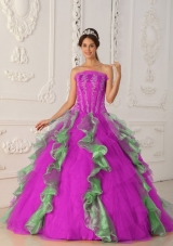 Strapless Fuchsia and Green Quinceanera Gowns with Appliques and Beading