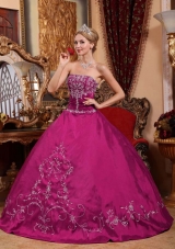 Strapless Fuchsia Satin Quinceanera Dress with White Embroidery