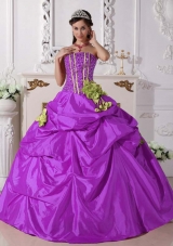 Strapless Taffeta Beading and Hand Made Flowers Quinceanera Dress