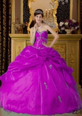 Sweetheart Fuchsia Organza Appliques Decorate Dresses For a Quince