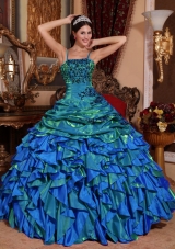 2014 Affordable Colourful Puffy Straps Embroidery Quinceanera Dress with Beading