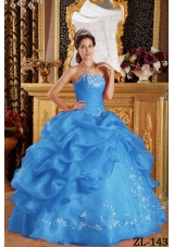 2014 Aqua Blue Ball Gown Strapless Embroidery Quinceanera Dress with Pick-ups
