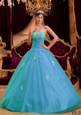 2014 Beautiful Blue Princess Strapless Appliques Tulle Quinceanera Dress