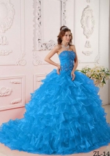 2014 Beautiful Quinceanera Dress in Teal with Ruffles And Embroidery
