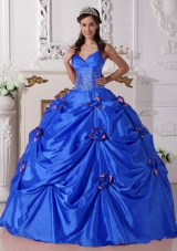 2014 Blue Puffy Spaghetti Straps Quinceanera Dress with Beading and Hand Made Flower