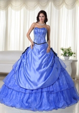 2014 Blue Puffy Strapless Beading Quinceanera Dress with Appliques
