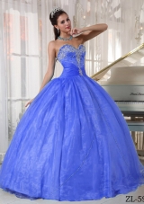 2014 Blue Puffy Sweetheart Appliques Quinceanera Dress with Beading