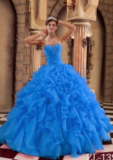 2014 Blue Sweetheart Puffy Ruffles Organza Quinceanera Dress with Beading