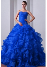 2014 Elegant Blue Princess Sweetheart Brush Train Organza Quinceanea Dress with Beading and Ruffles