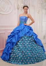 2014 Popular Blue Puffy Quinceanera Dress Strapless with Beading and Pick-ups